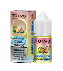 E-liquid bottle labeled TOKYO Super Cool Kiwi Passion Fruit Guava Salt by TOKYO E-JUICE, 30ml flavor for vaping devices