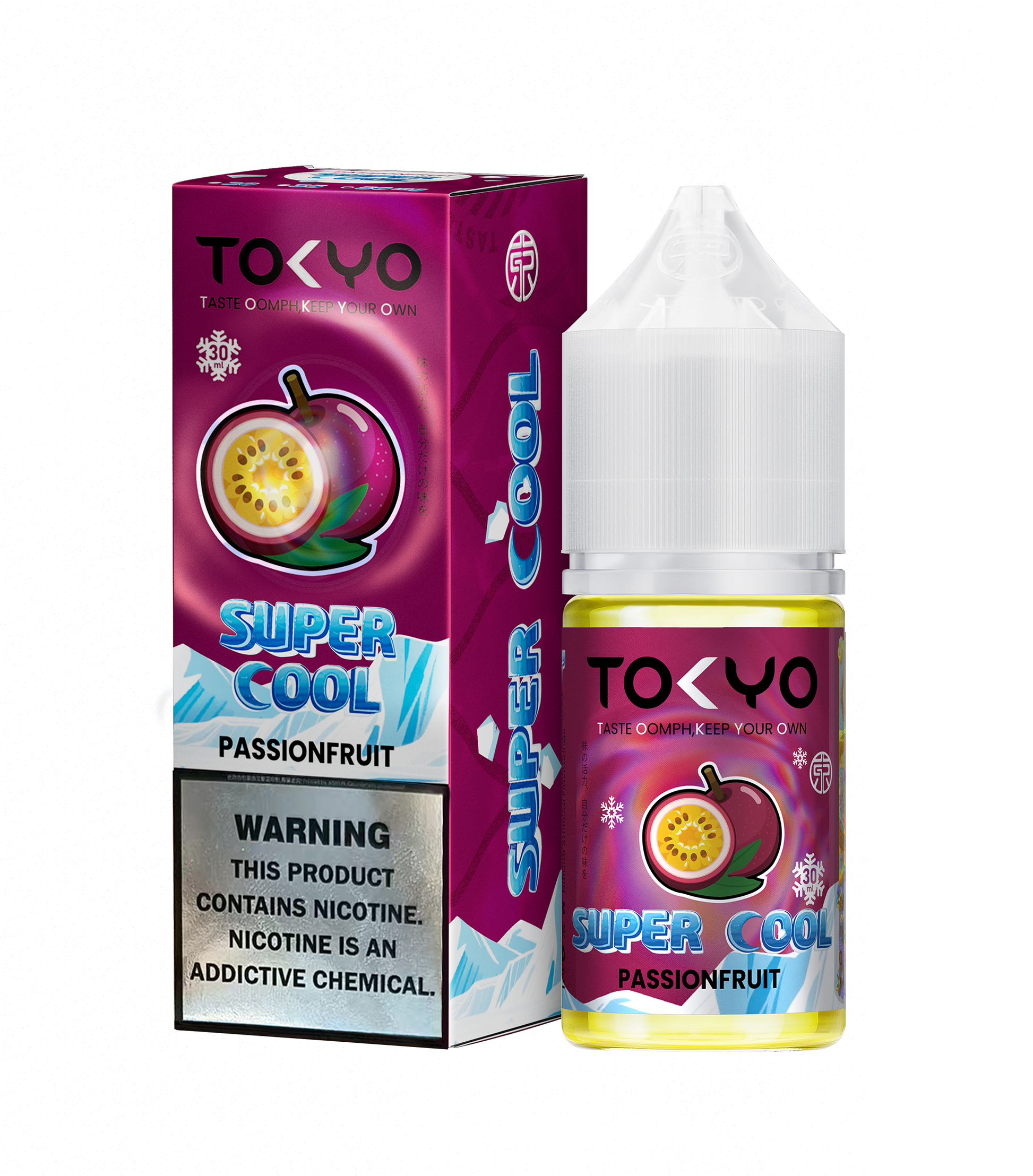 Tokyo Iced Strawberry Lychee vape juice bottle and packaging on a white background