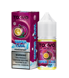 TOKYO E-JUICE Super Cool Passion Fruit 30ml salt e-liquid bottle with vibrant passion fruit label and cooling design.