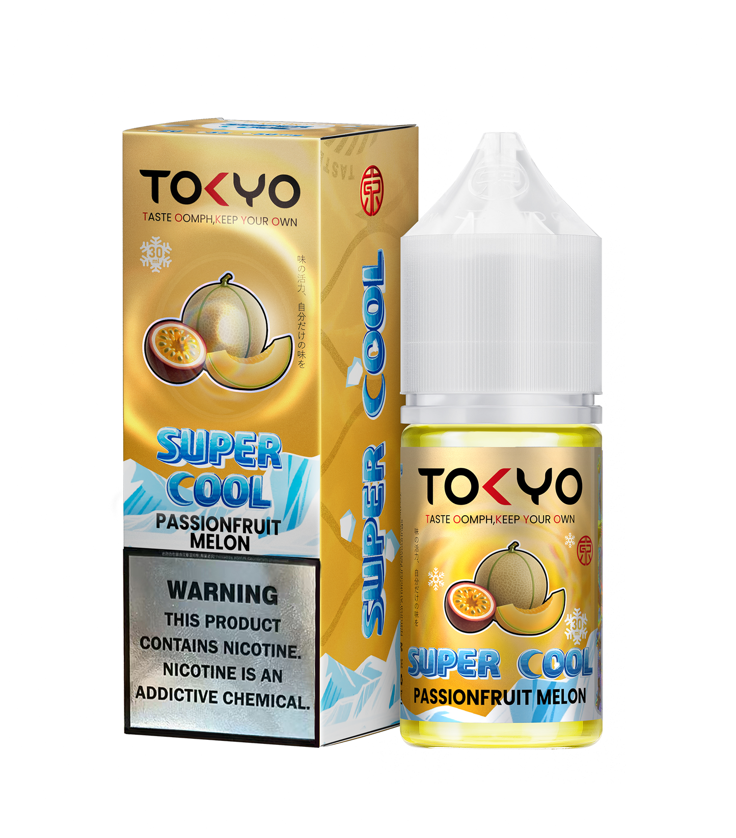 Tokyo Iced Cranberry Raspberry Grape Peach e-liquid bottle and packaging on a white background