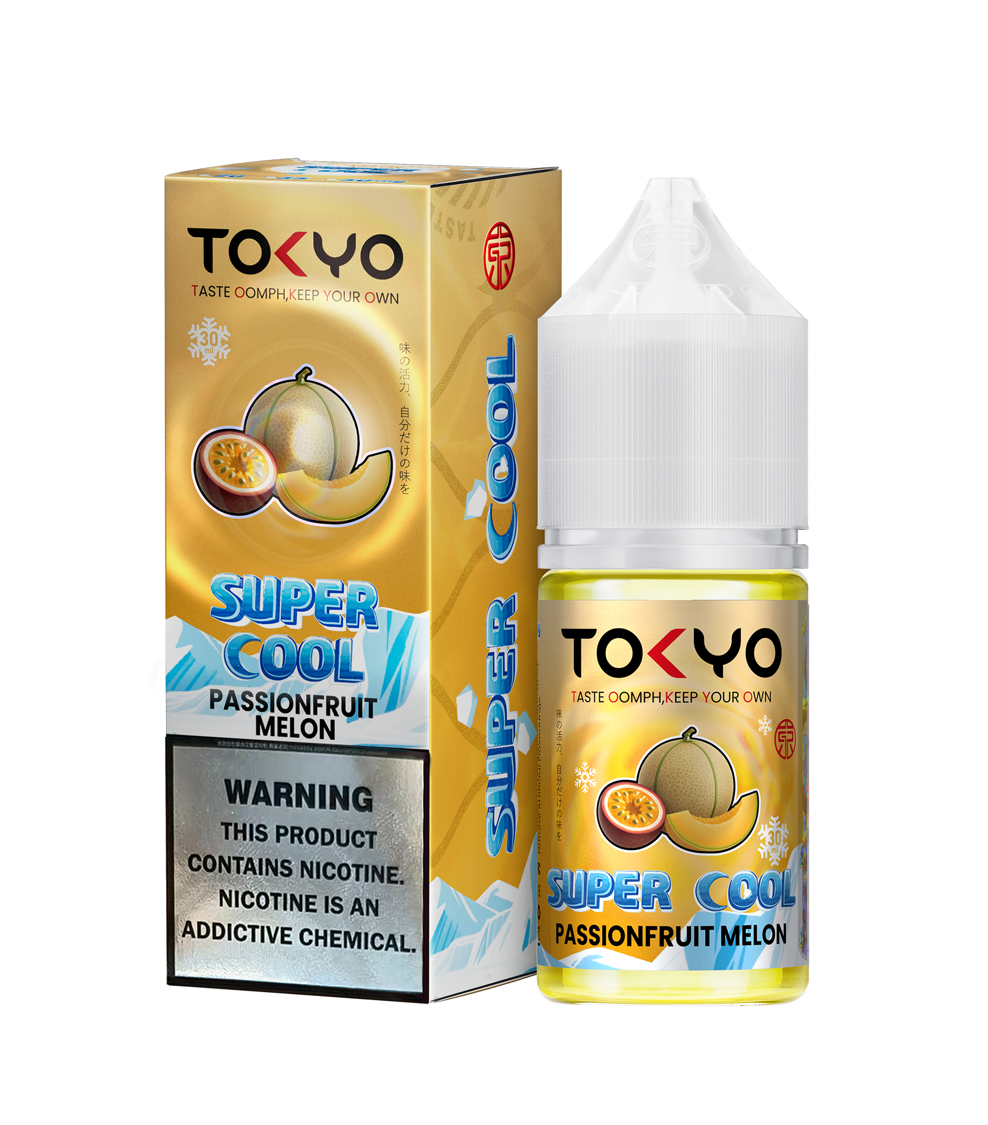 Tokyo Iced Cranberry Raspberry Grape Peach e-liquid bottle and packaging on a white background