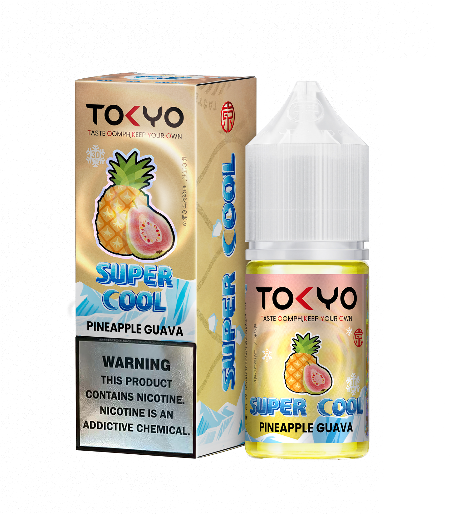 TOKYO Super Cool Pineapple Guava e-liquid bottle and packaging on a white background