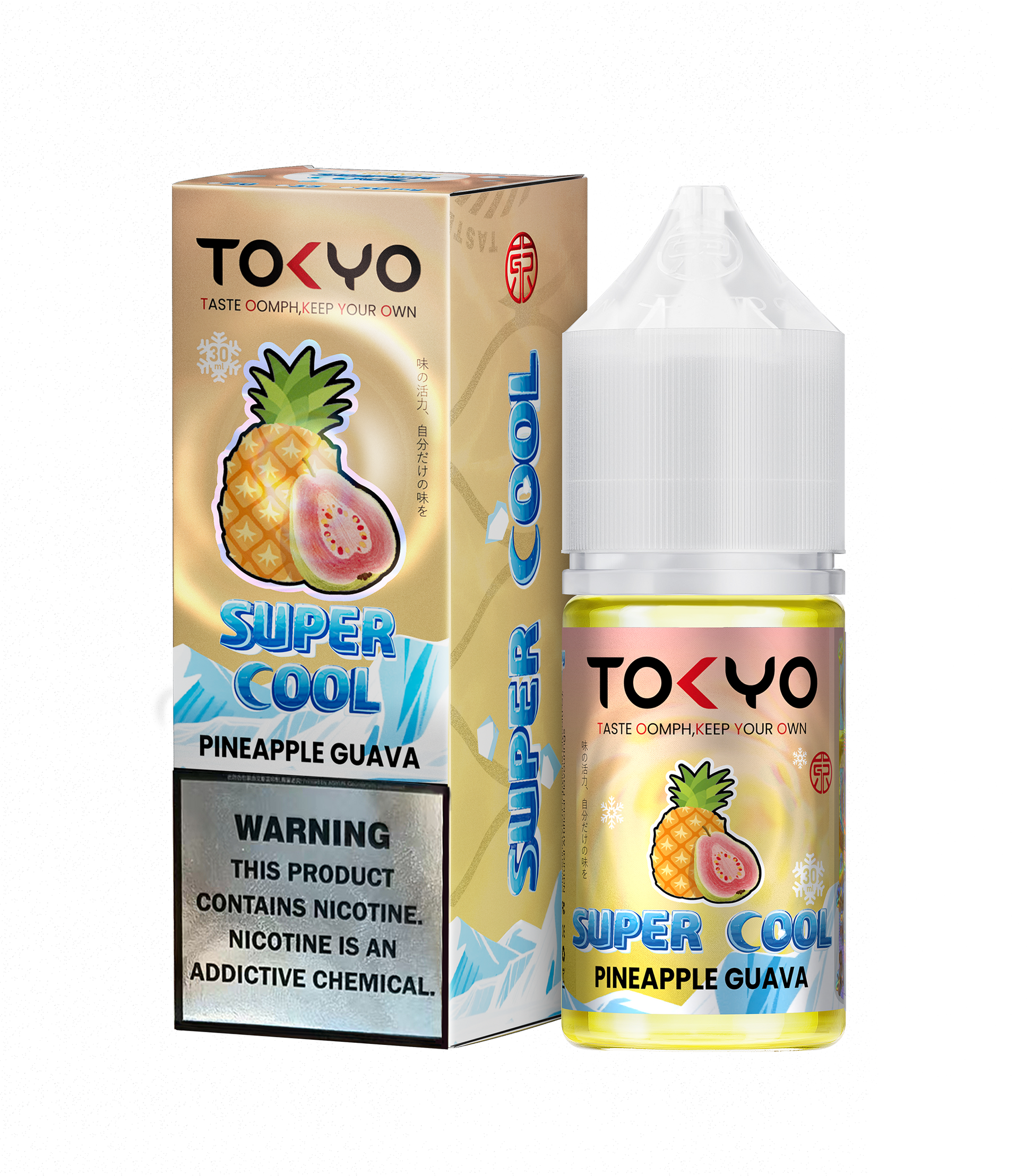 TOKYO Super Cool Pineapple Guava e-liquid bottle and packaging on a white background