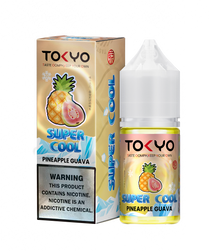 E-liquid bottle labeled TOKYO Super Cool Pineapple Guava 30ml Salt with tropical fruit illustrations on the packaging.