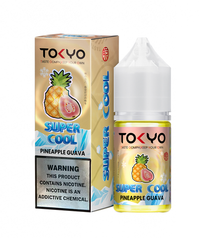TOKYO Super Cool Pineapple Guava e-liquid bottle and packaging on a white background