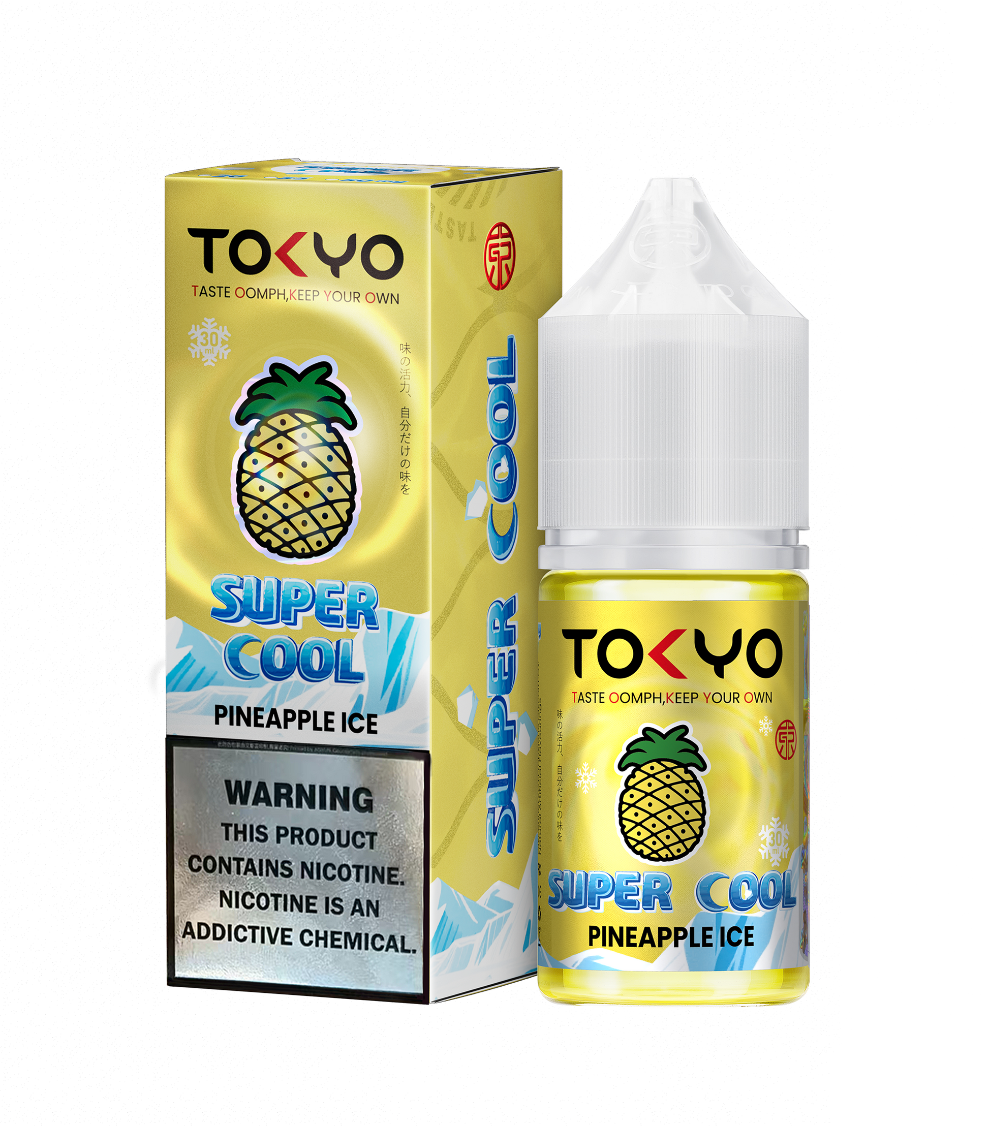 Tokyo Iced Peach Melon vape juice bottle and packaging on a white background