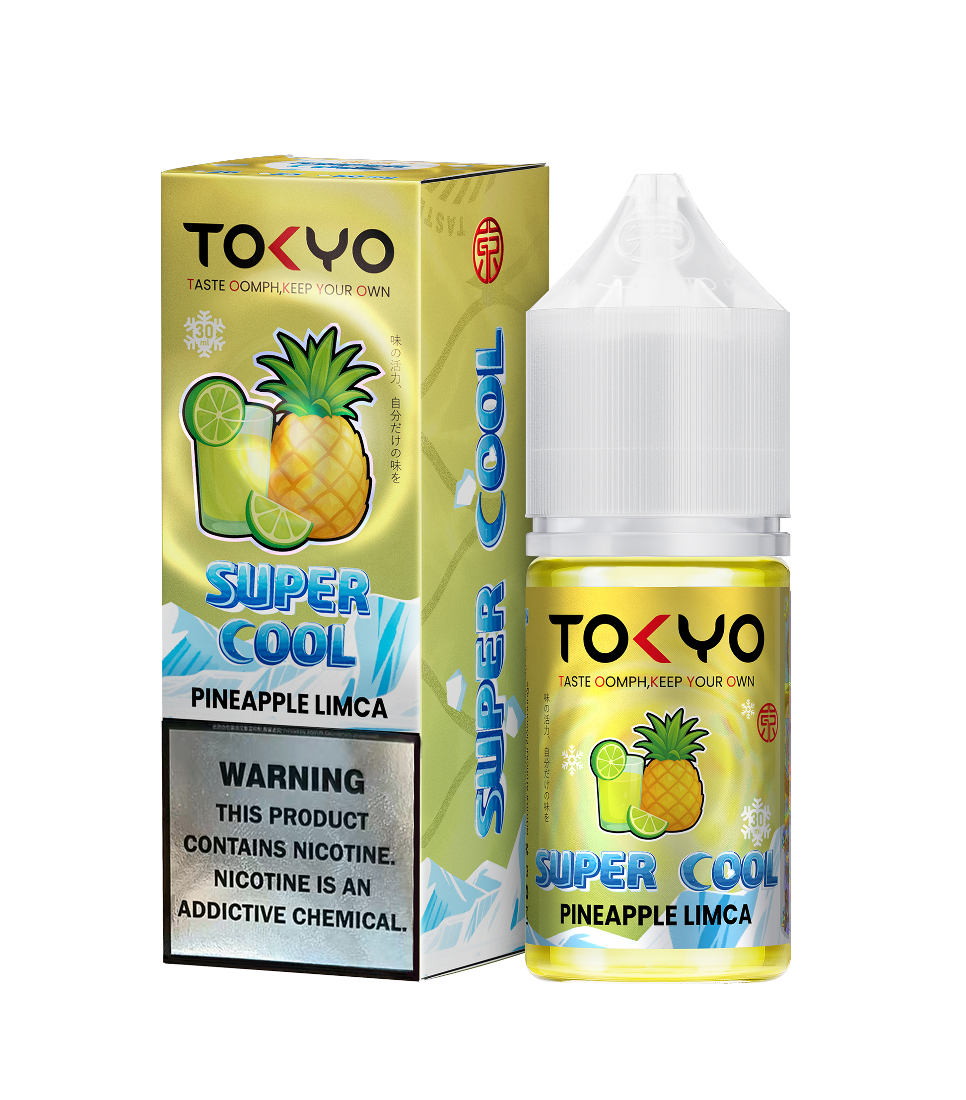 Tokyo Super Cool Pineapple Limca vape juice bottle and packaging on a white background