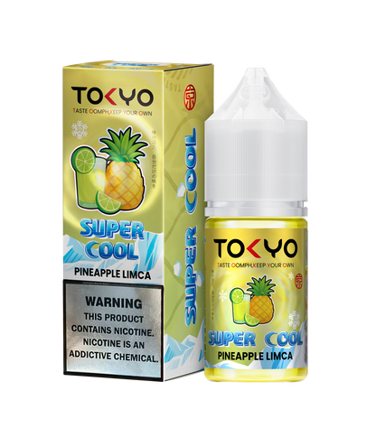 Tokyo Super Cool Pineapple Limca vape juice bottle and packaging on a white background