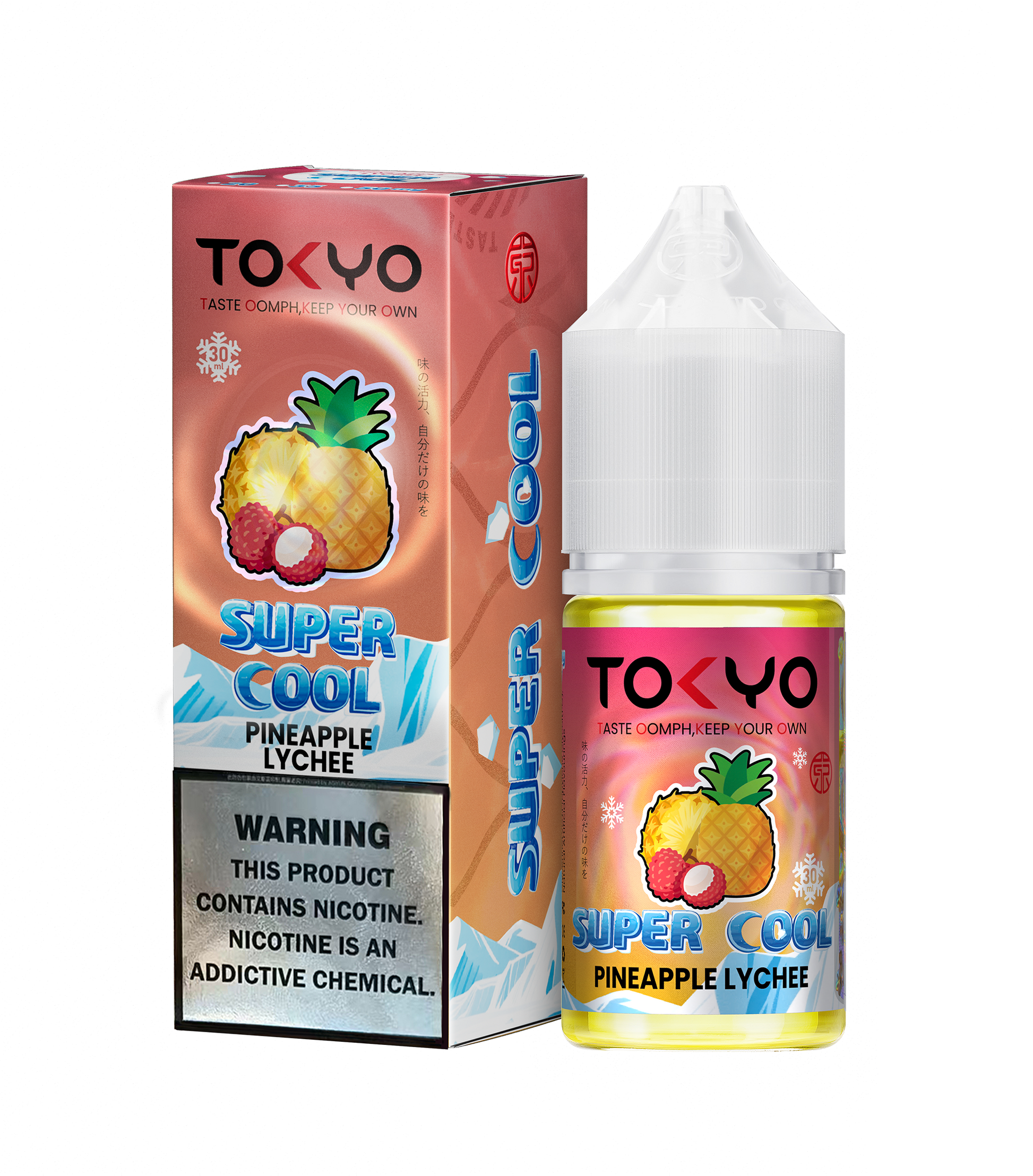 Tokyo Iced Litchi vape juice bottle and packaging on a white background