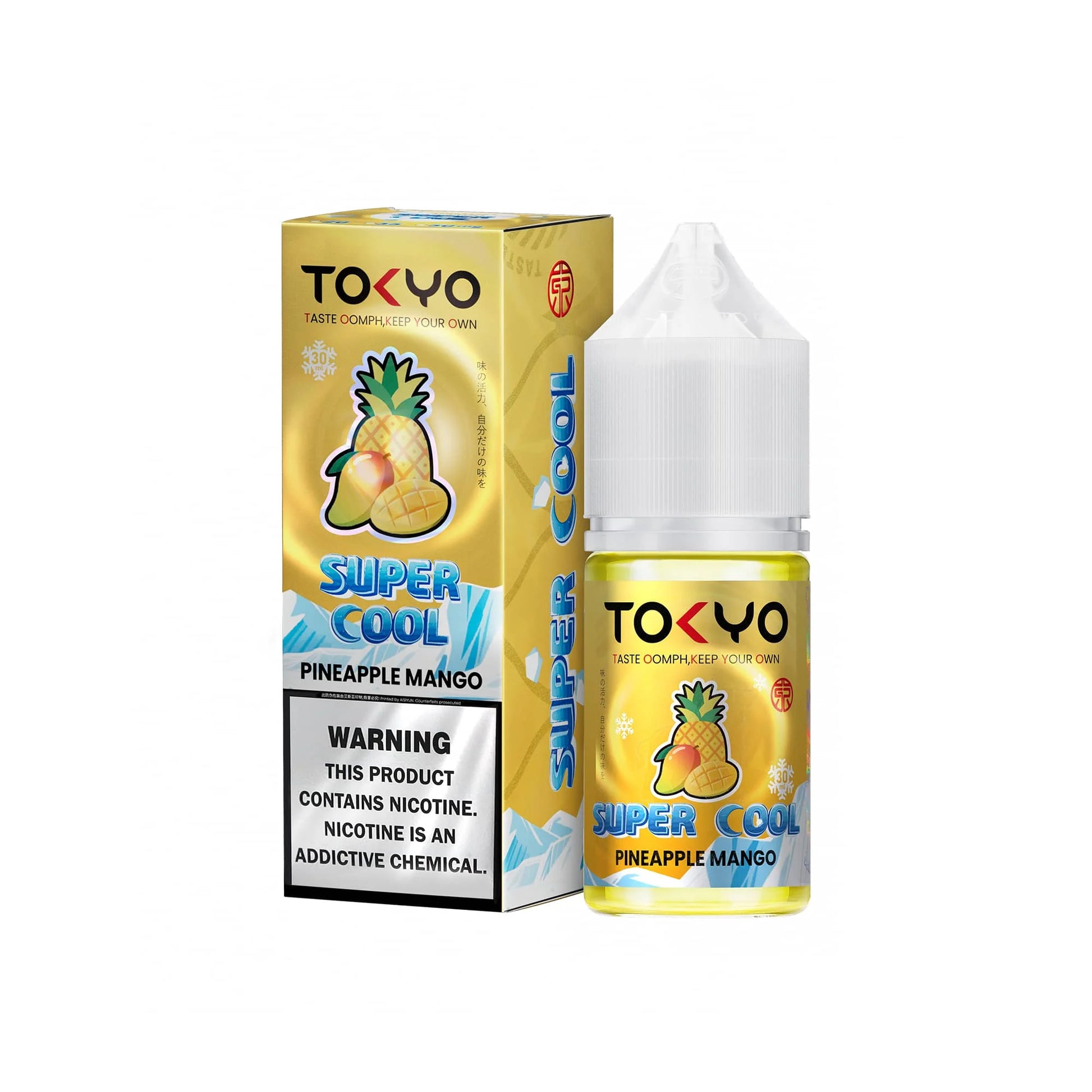 TOKYO E-JUICE Super Cool Pineapple Mango 30ml salt e-liquid bottle with colorful label and tropical fruit imagery.
