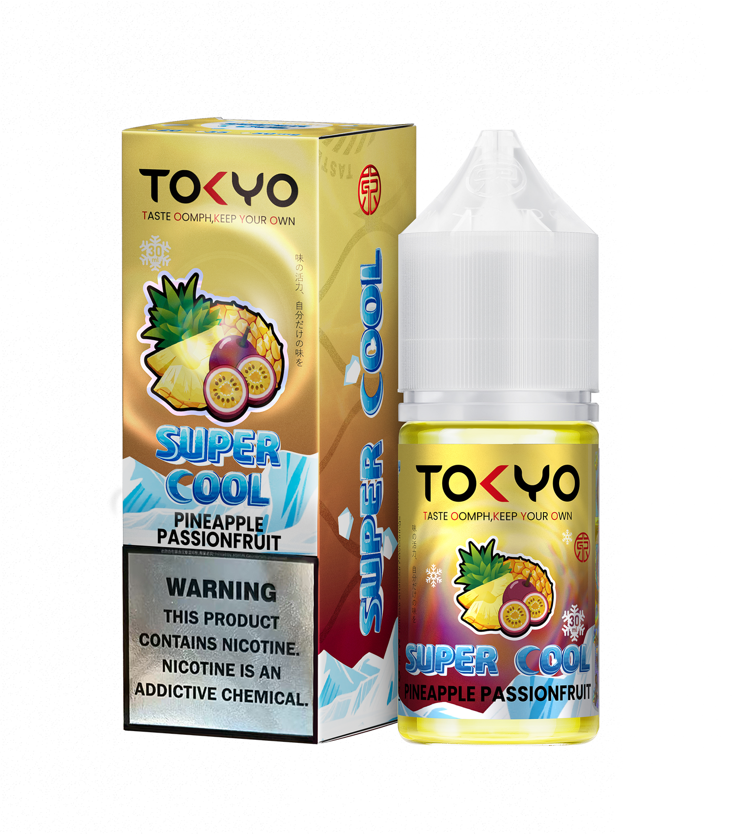 Tokyo Iced Blueberry Passionfruit vape juice bottle and packaging on a white background
