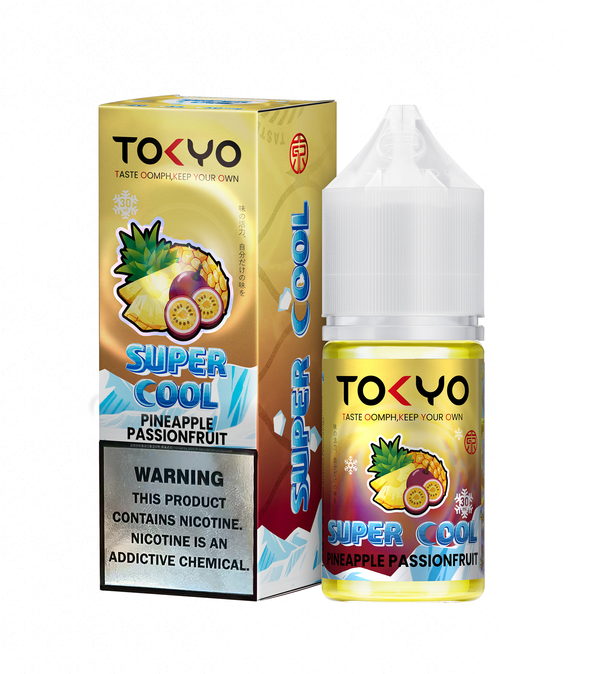 Tokyo Iced Blueberry Passionfruit vape juice bottle and packaging on a white background