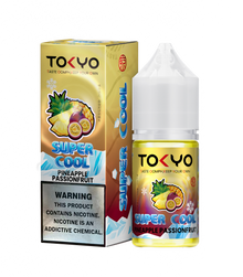 TOKYO E-JUICE Super Cool Pineapple Passion Fruit 30ml salt e-liquid bottle with vibrant label featuring tropical fruit illustrations