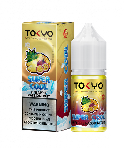 Tokyo Iced Blueberry Passionfruit vape juice bottle and packaging on a white background