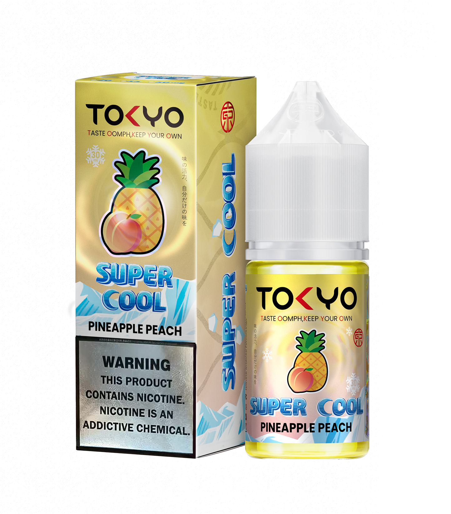 TOKYO Super Cool Pineapple Peach vape juice packaging on a white background