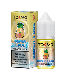 E-liquid bottle of TOKYO Super Cool Pineapple Peach Salt by TOKYO E-JUICE, featuring a vibrant label with tropical fruit imagery.