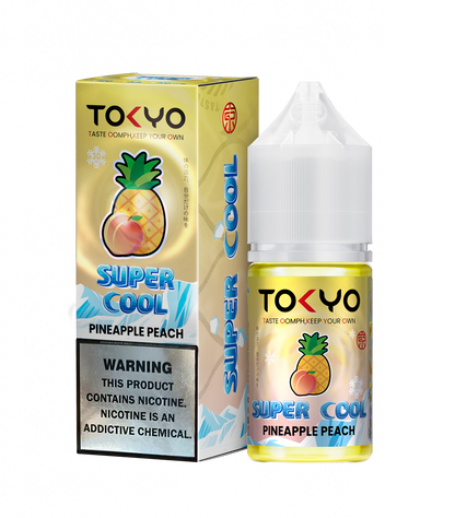 TOKYO Super Cool Pineapple Peach vape juice packaging on a white background