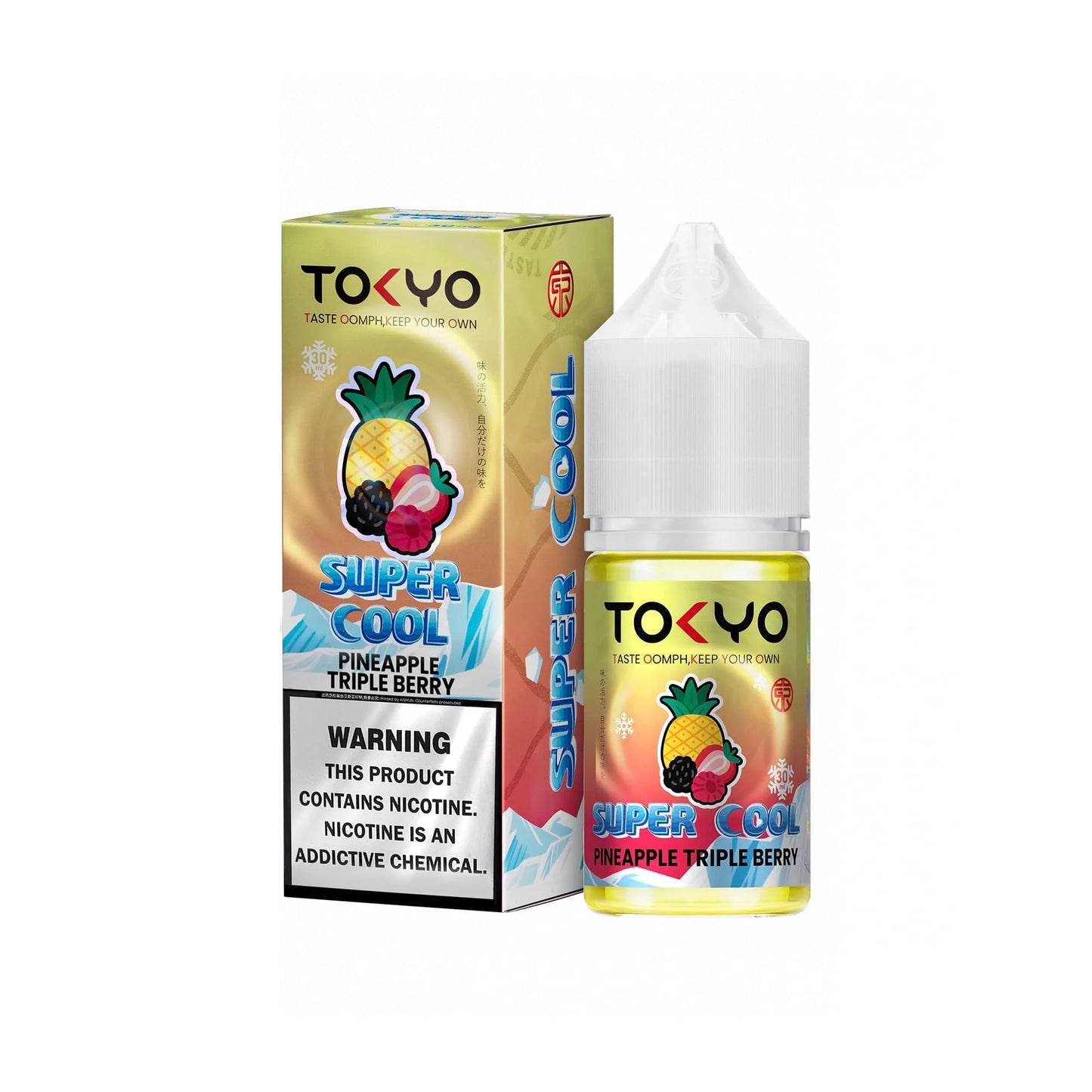 TOKYO E-JUICE Super Cool Pineapple Triple Berry salt e-liquid bottle, 30ml, showcasing bright fruit flavor and colorful packaging.