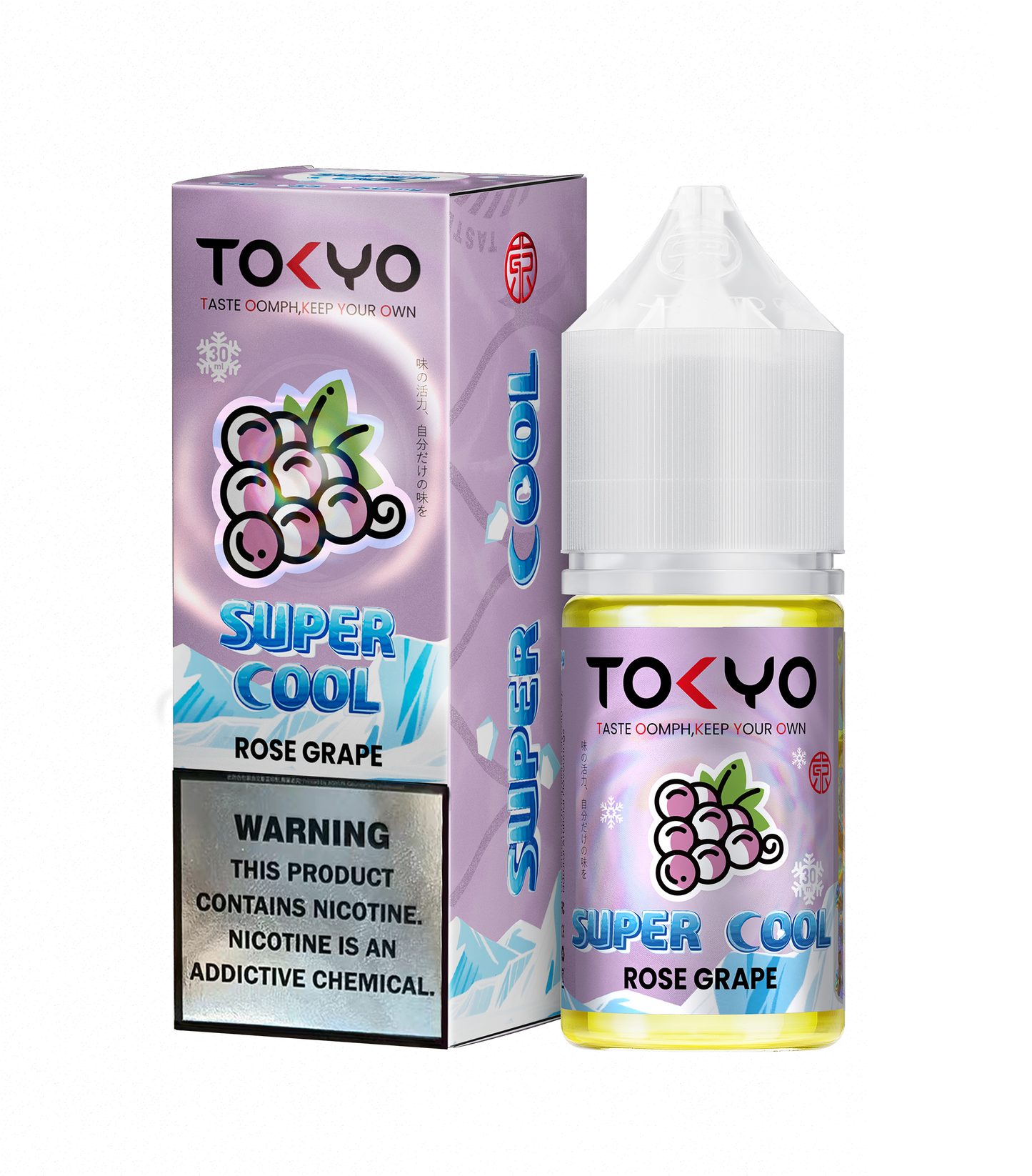 Tokyo Iced Strawberry Mango vape juice bottle and packaging on a white background