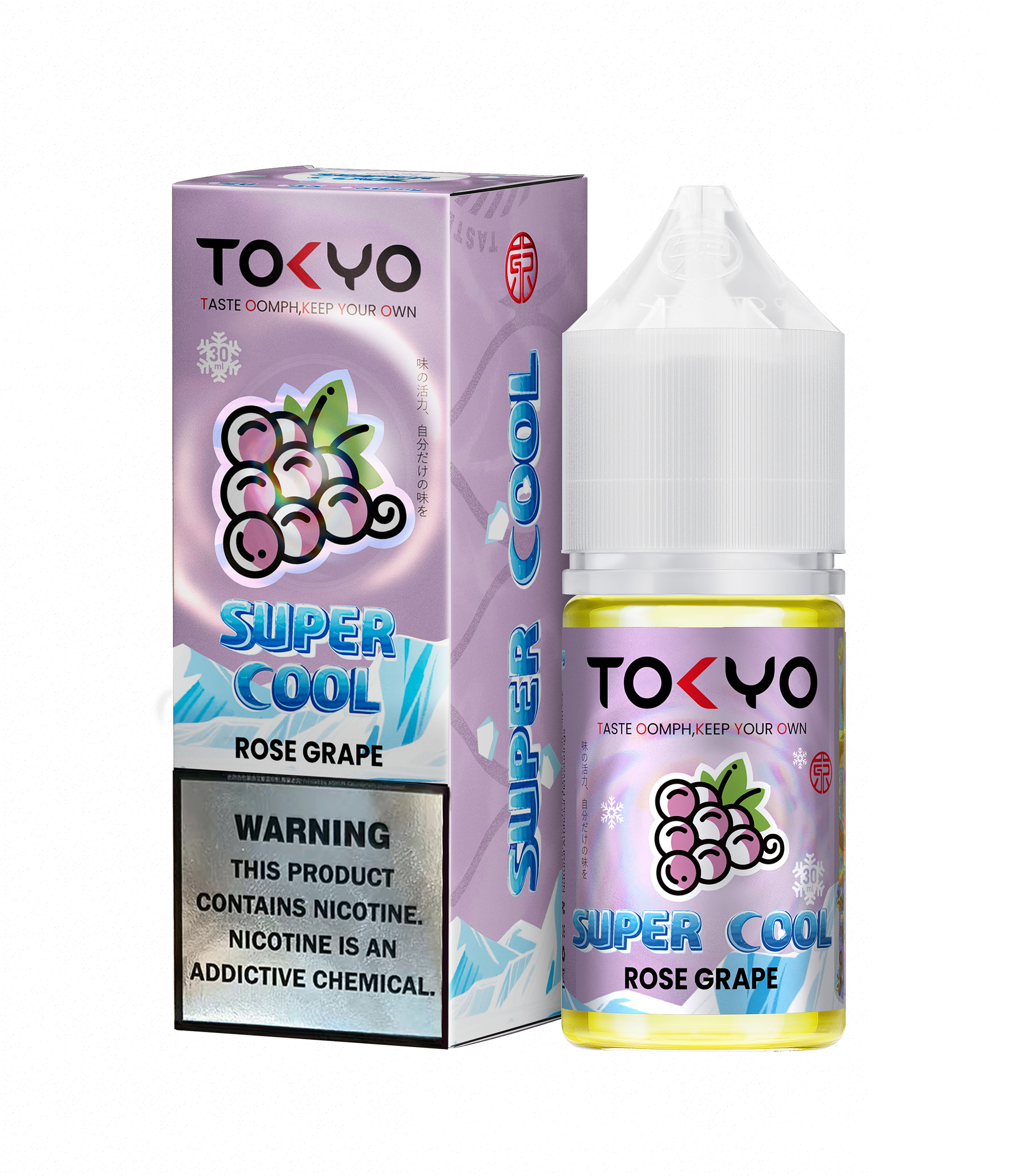 Tokyo Iced Strawberry Mango vape juice bottle and packaging on a white background