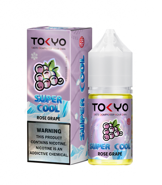 TOKYO E-JUICE Super Cool Rose Grape 30ml salt e-liquid bottle with colorful label, designed for vaping.