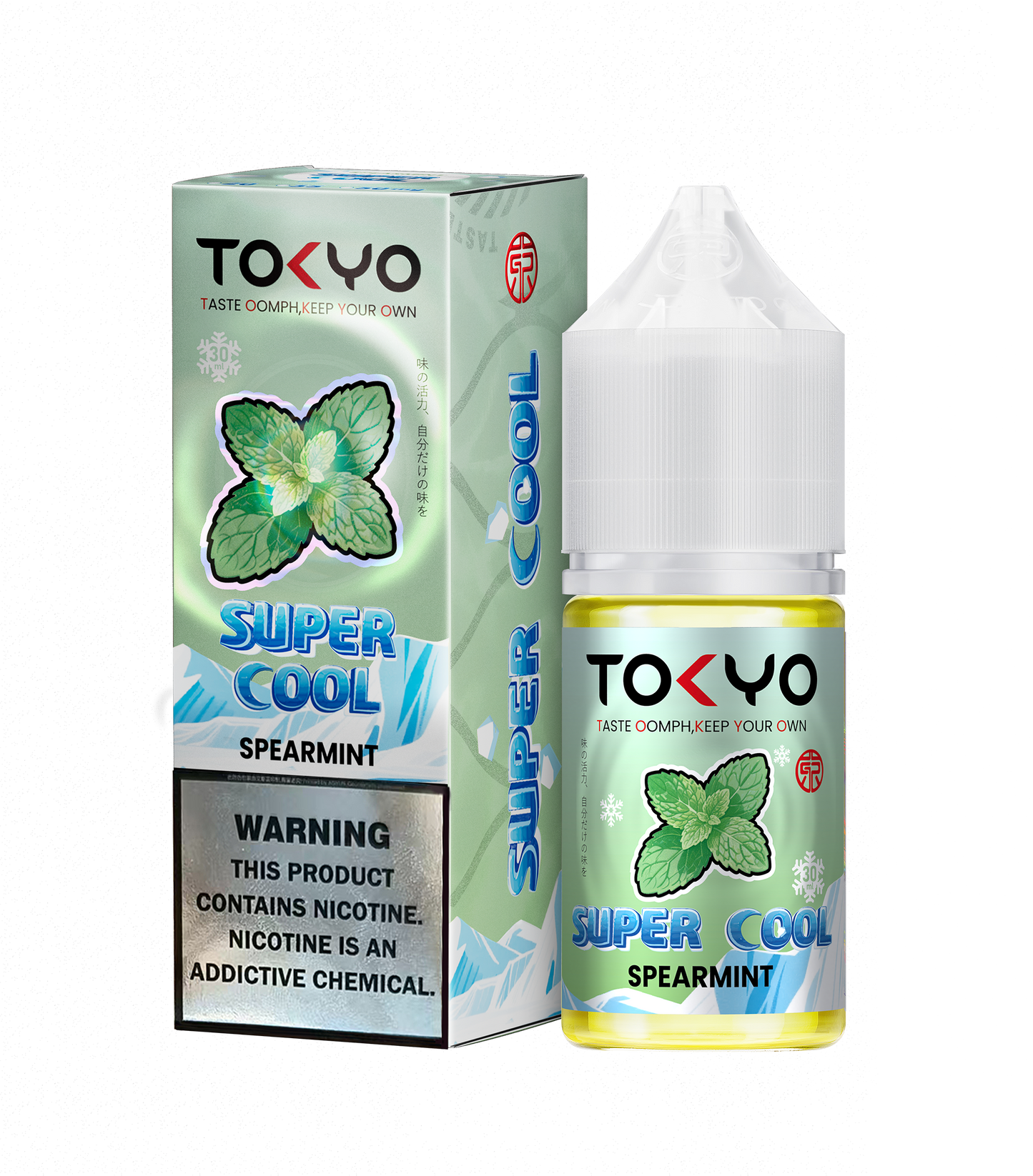 Tokyo Super Cool Spearmint vape juice packaging and bottle on a white background