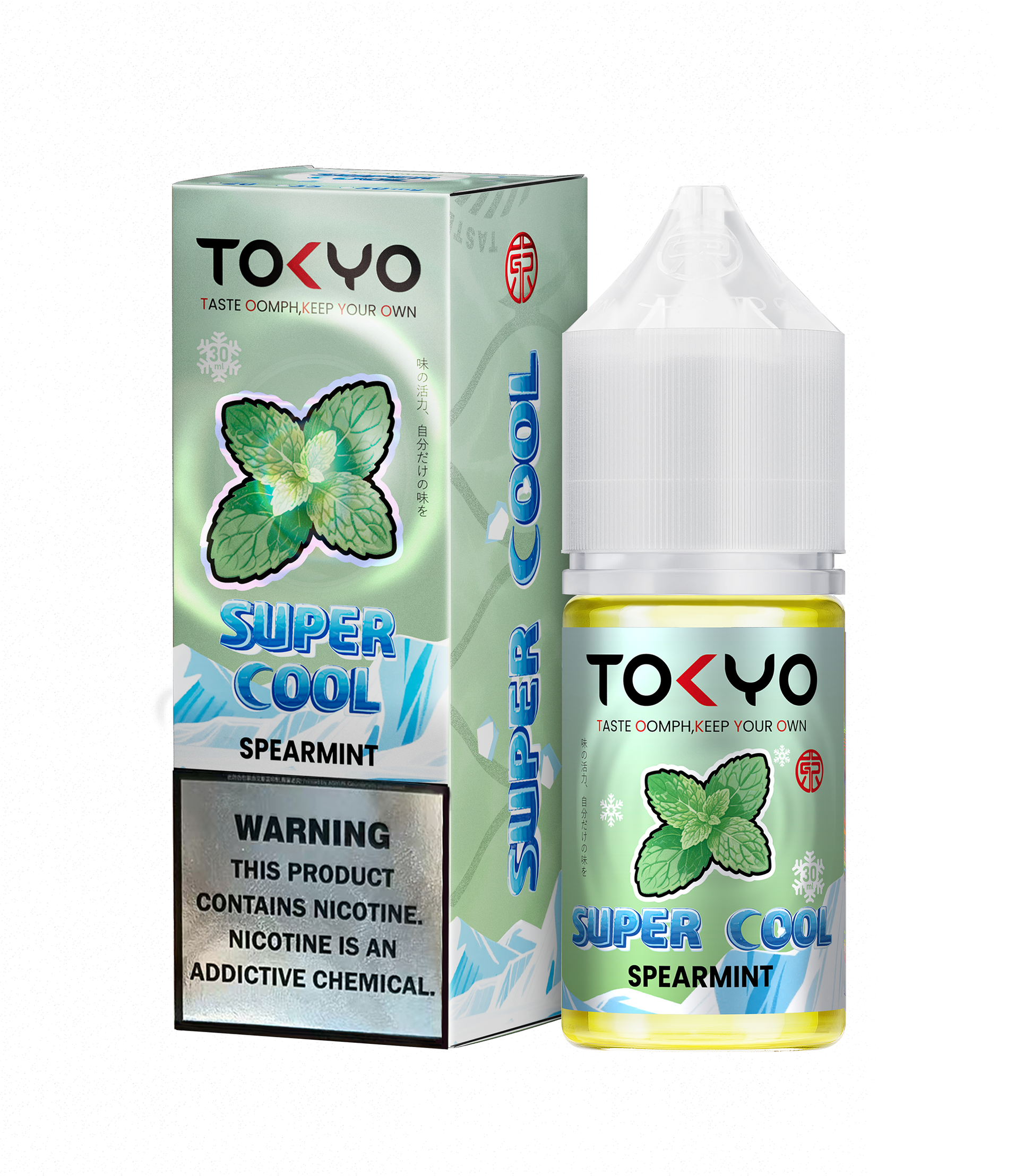 Tokyo Super Cool Spearmint vape juice packaging and bottle on a white background