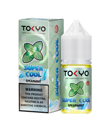 TOKYO E-JUICE Super Cool Spearmint salt e-liquid bottle, 30ml, with a label featuring mint leaves and fresh spearmint flavor graphics.