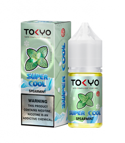 Tokyo Super Cool Spearmint vape juice packaging and bottle on a white background