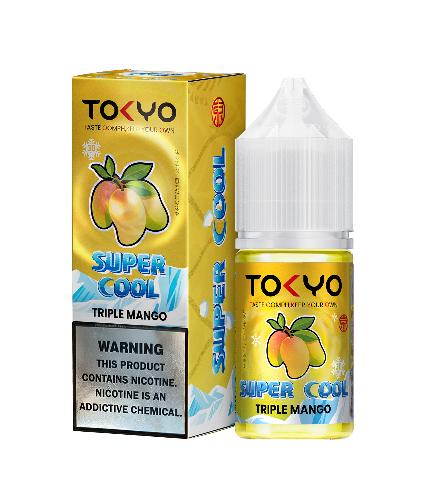 Tokyo Iced White Pomegranate vape juice bottle and packaging on a white background