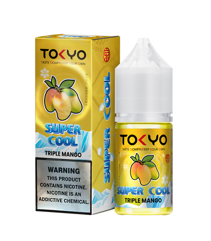 TOKYO E-JUICE Super Cool Triple Mango 30ml salt e-liquid bottle with vibrant mango artwork and clear label.