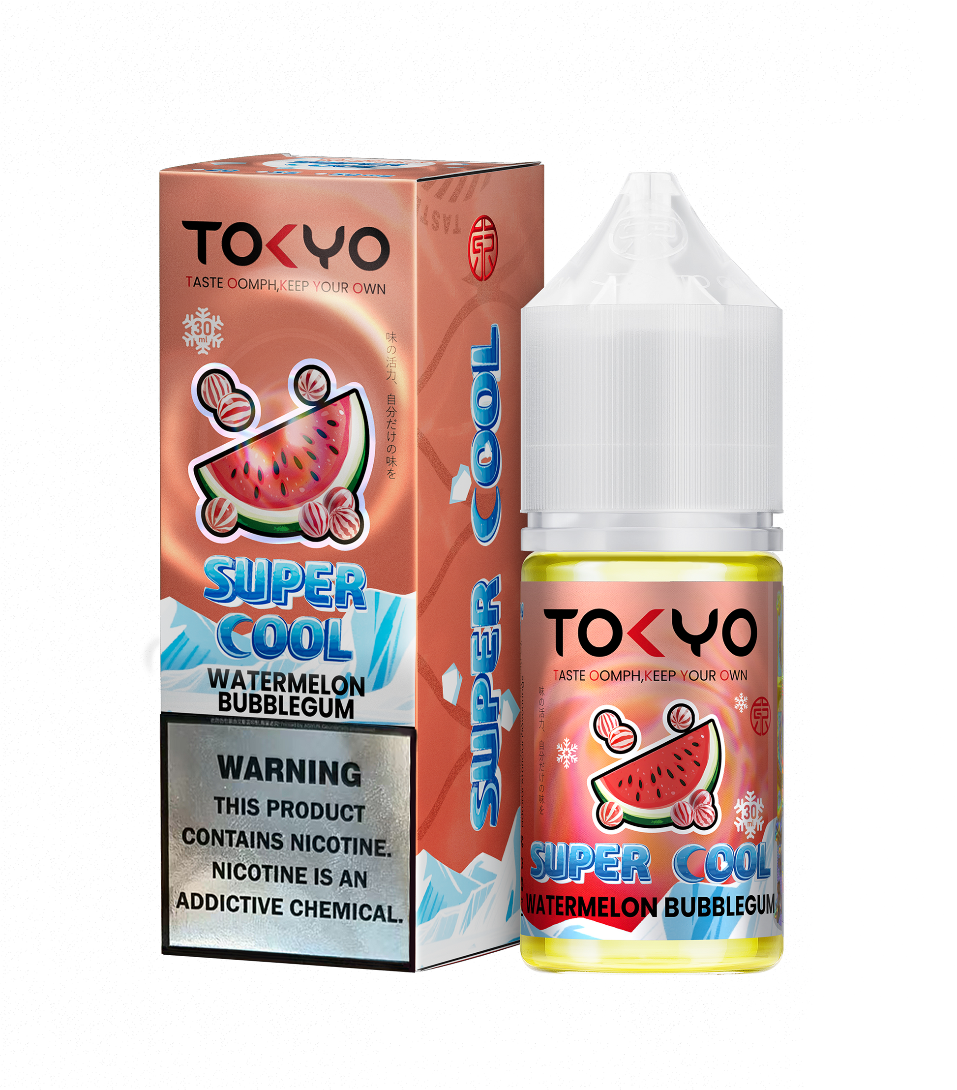 Tokyo Super Cool Watermelon Bubblegum vape juice packaging on a white background