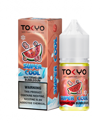 TOKYO E-JUICE Super Cool Watermelon Bubblegum 30ml salt e-liquid bottle with colorful label and watermelon bubblegum imagery.