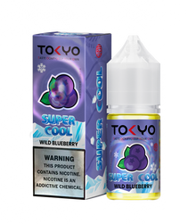 E-liquid bottle of TOKYO Super Cool Wild Blueberry Salt by TOKYO E-JUICE, 30ml container with blueberry flavor label.