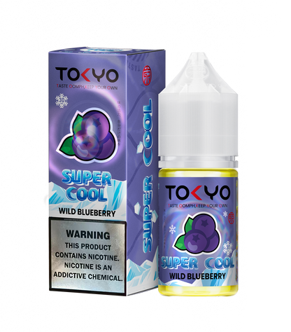 E-liquid bottle of TOKYO Super Cool Wild Blueberry Salt by TOKYO E-JUICE, 30ml container with blueberry flavor label.