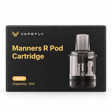VAPEFLY Manners R refillable pod cartridge, 3ml capacity, for vaping devices, shown in box with branding and packaging.