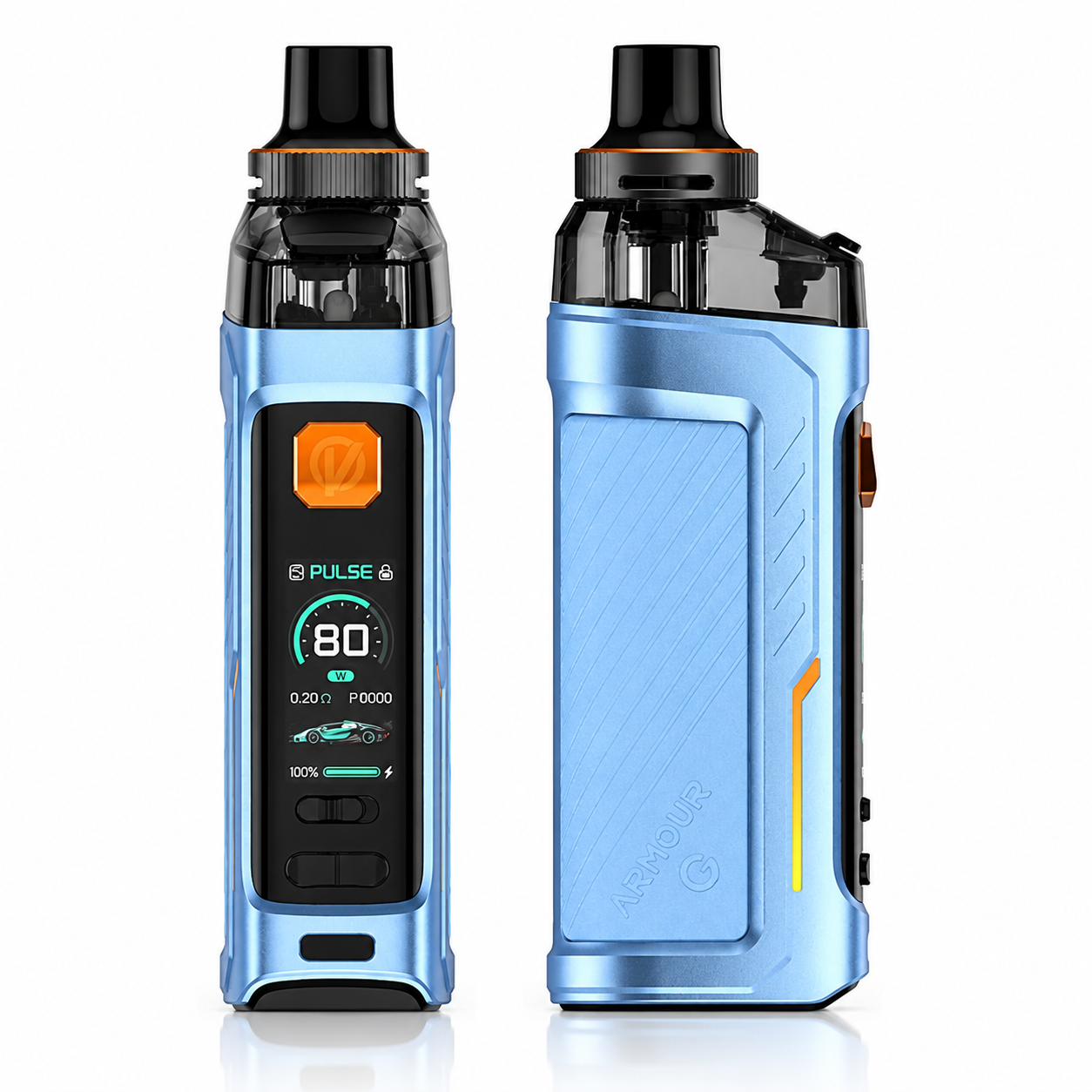 VAPORESSO ARMOUR G Pod Mod System showing the sleek black device with a digital display and ergonomic design.