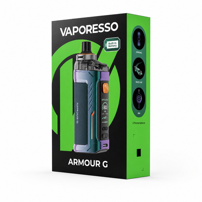 Vaporesso Armour G vape device retail packaging box, featuring a black and bright green design with an image of the device on the front.