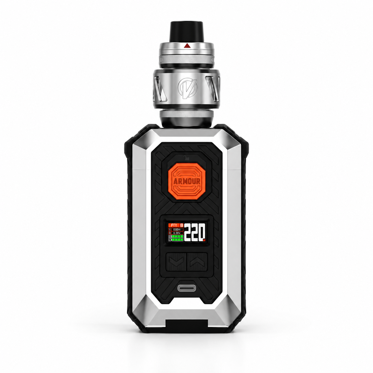 A VOOPOO Armour vape mod kit with a silver and black metallic body, an orange accent button, and a digital display showing '220' on a clean white background.