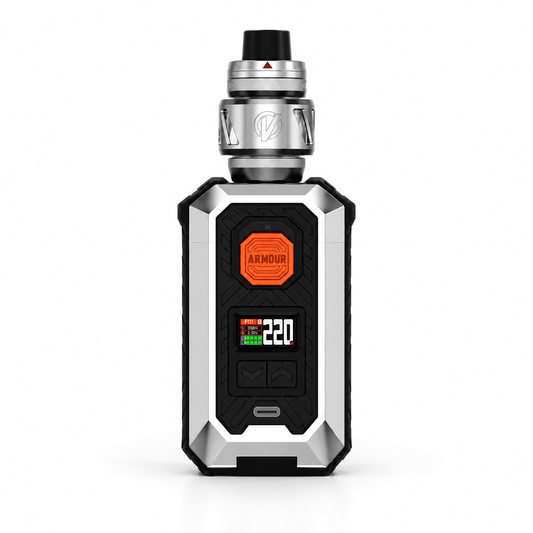 A VOOPOO Armour vape mod kit with a silver and black metallic body, an orange accent button, and a digital display showing '220' on a clean white background.