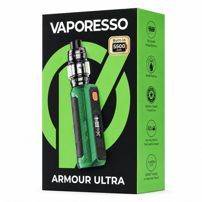 Vaporesso Armour Ultra vape kit retail packaging box, featuring a green and black design with an illustration of the vape device on the front.