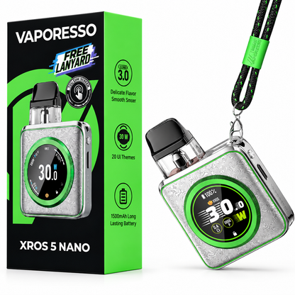 VAPORESSO XROS 5 NANO pod system in Damascus Silver with free lanyard, compact vape device from VAPORESSO XROS series
