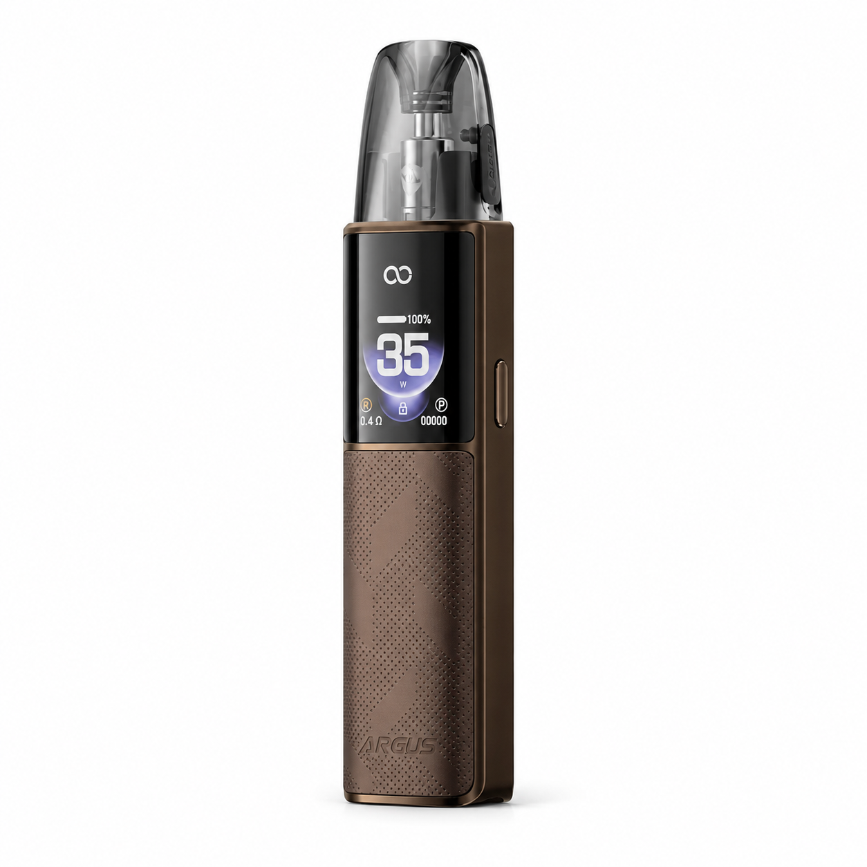 Brown VOOPOO ARGUS G4 pod system with sleek design and compact size, featuring a modern VOOPOO branding and textured finish.