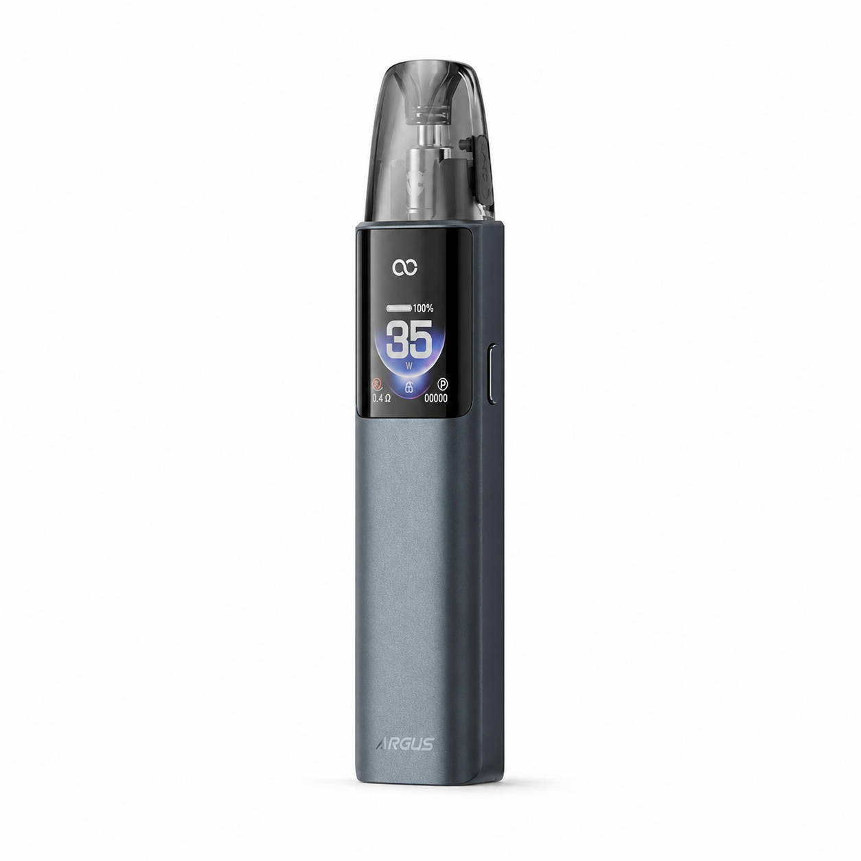 VOOPOO ARGUS G4 grey pod system vape device with sleek design and ergonomic mouthpiece.