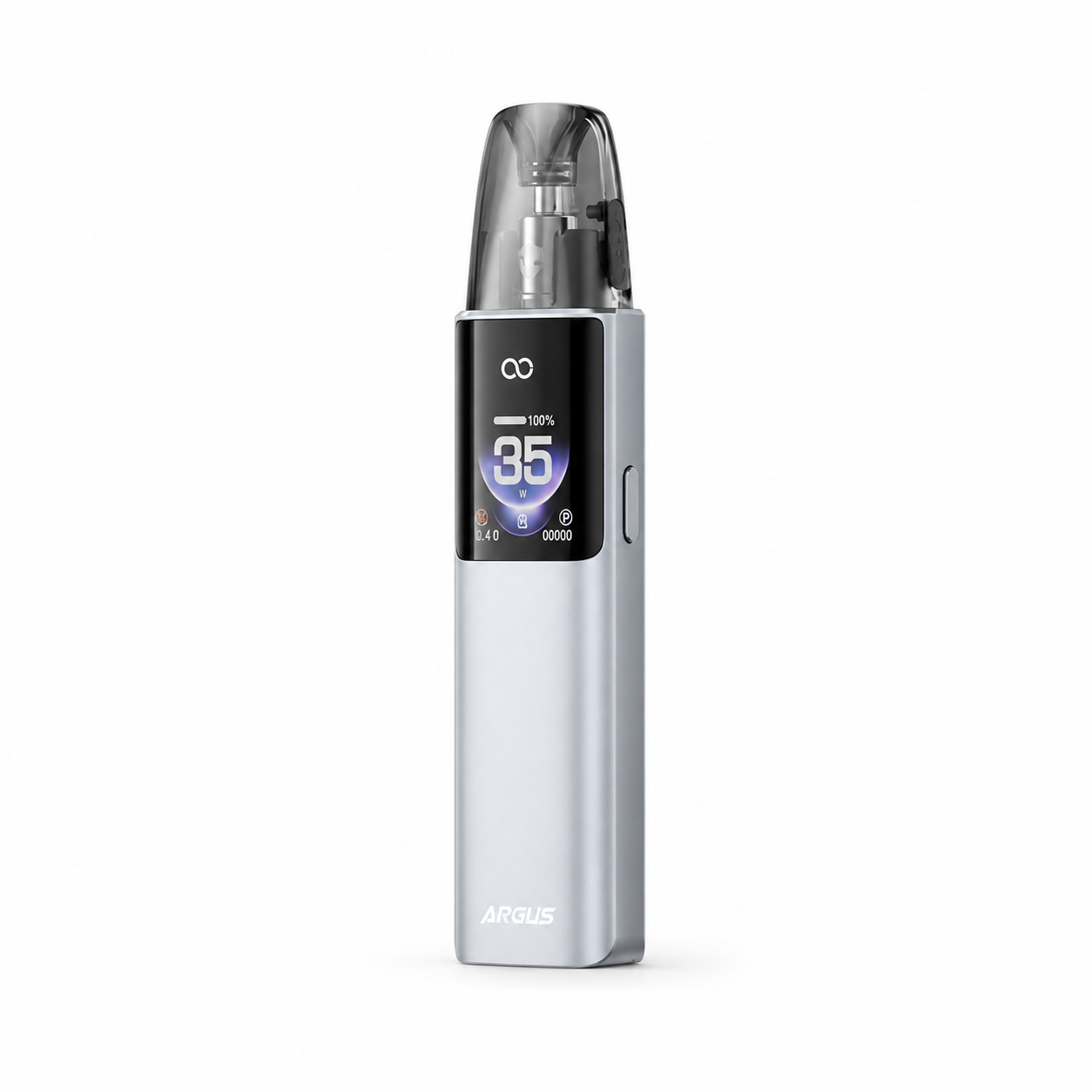 Silver VOOPOO ARGUS G4 pod system with sleek design and ergonomic shape, featuring adjustable airflow and compact size.