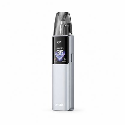 Silver VOOPOO ARGUS G4 pod system with sleek design and ergonomic shape, featuring adjustable airflow and compact size.