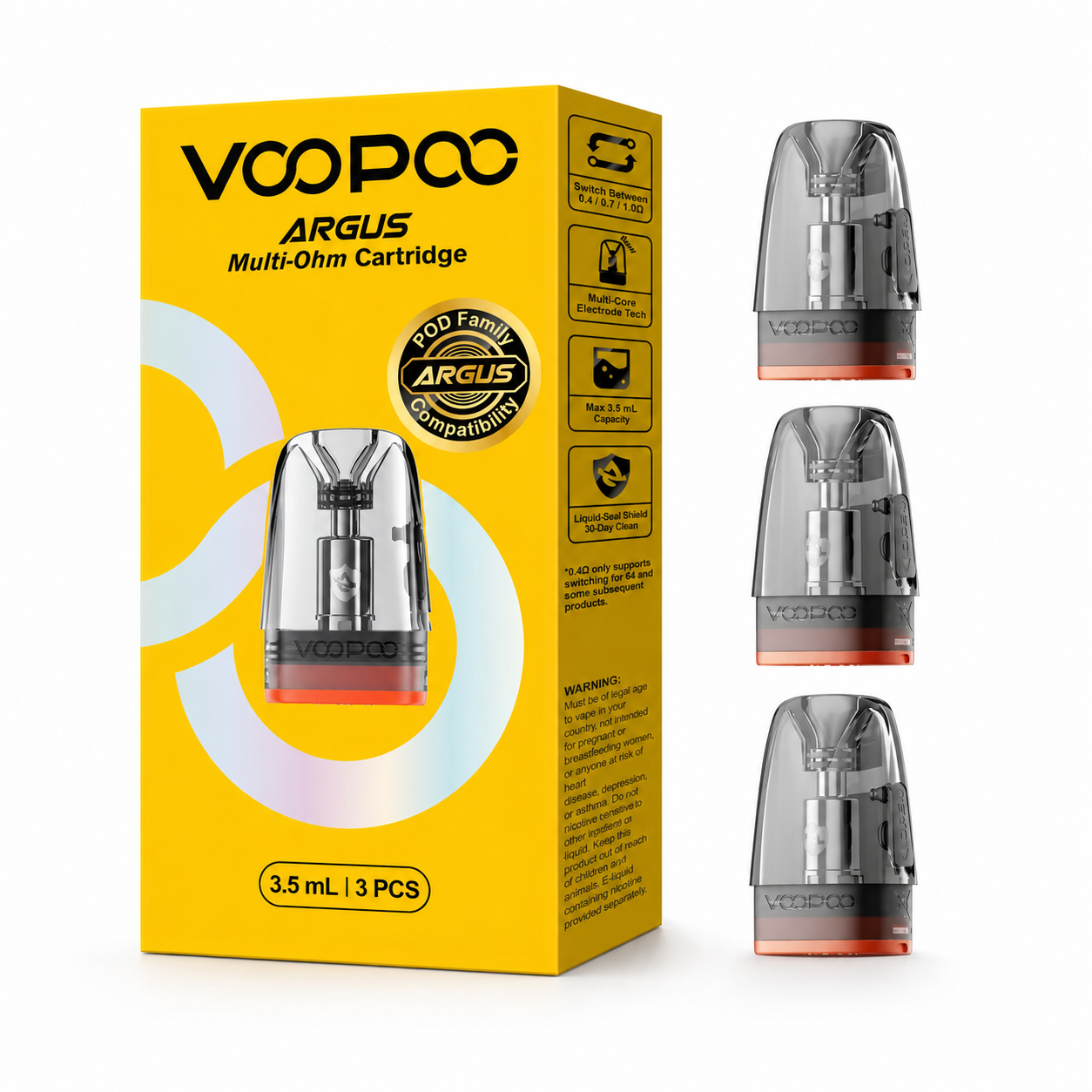 VooPoo Argus Multi-Ohm Cartridge packaging box in bright yellow, shown alongside three individual transparent pod cartridges with gray bodies and orange-red bases on a white background.