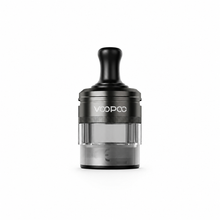 A VOOPOO vape tank mod with a black mouthpiece and metallic body, featuring a clear glass reservoir chamber, shown on a solid white background.
