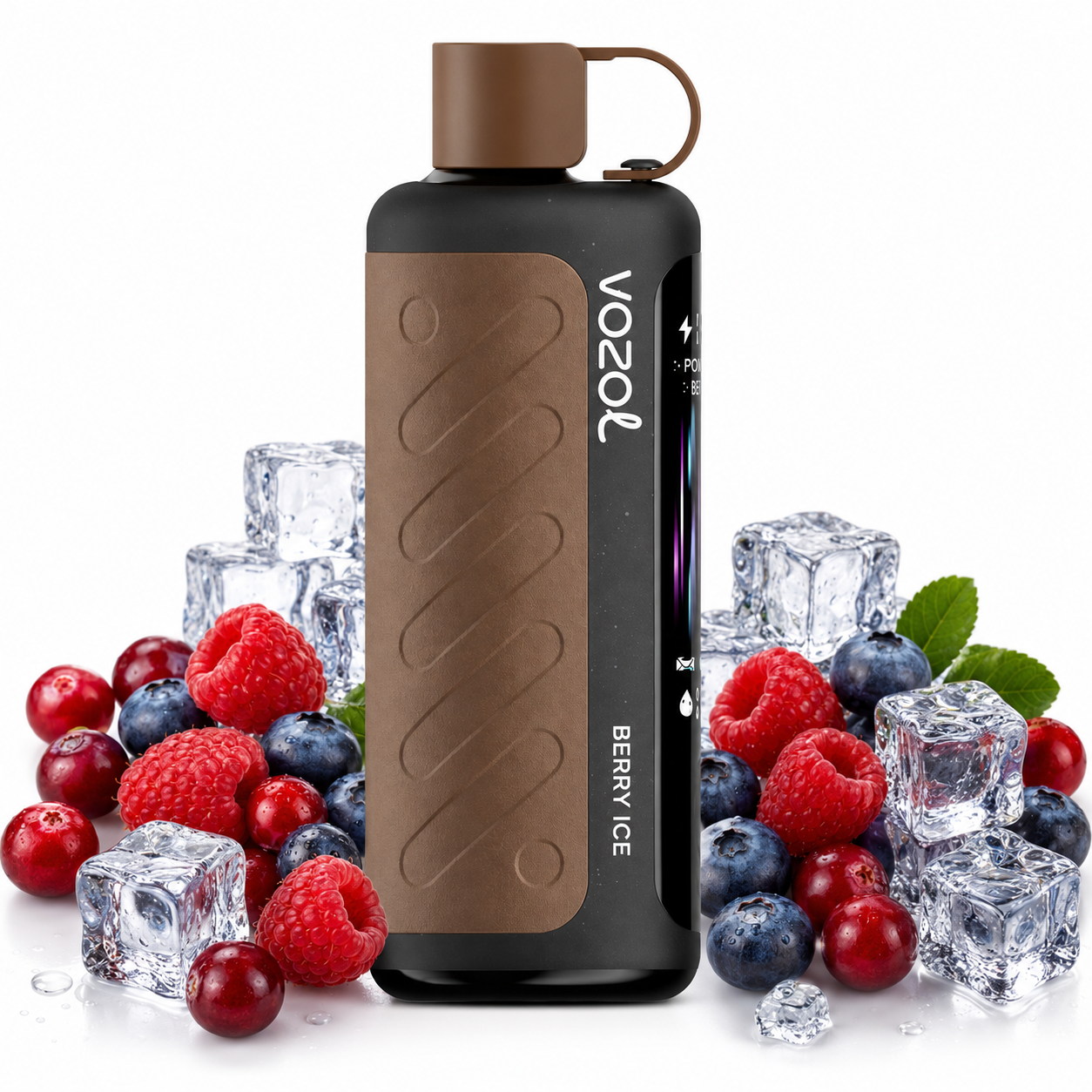 A Vozol disposable vape device in Berry Ice flavor, featuring a matte black body and a brown textured grip panel with a matching brown mouthpiece. The device is surrounded by fresh berries (raspberries, blueberries, redcurrants) and ice cubes on a clean white background.