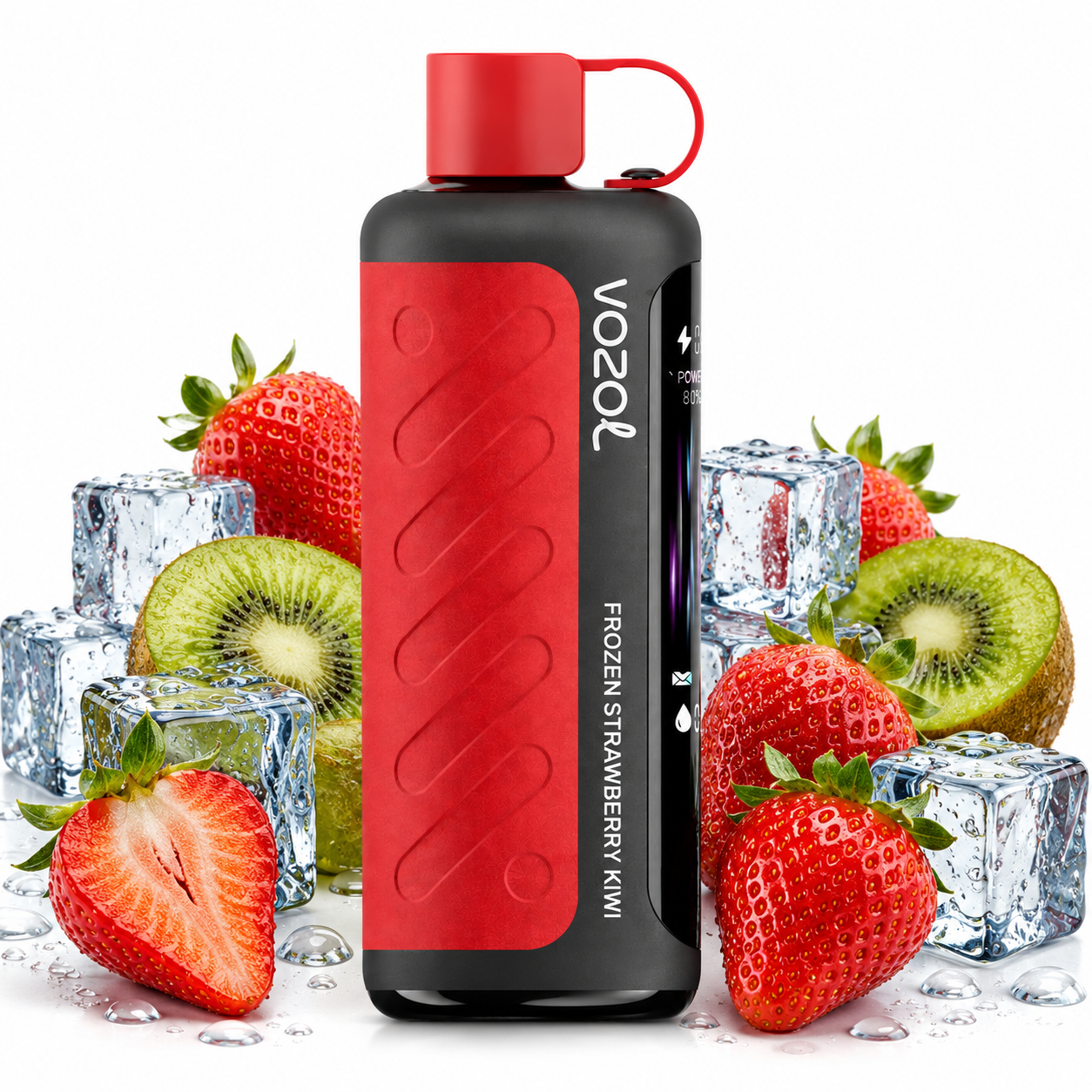 A red and black Vozol disposable vape device with a red cap, surrounded by fresh strawberries, kiwi slices, and ice cubes on a white background.